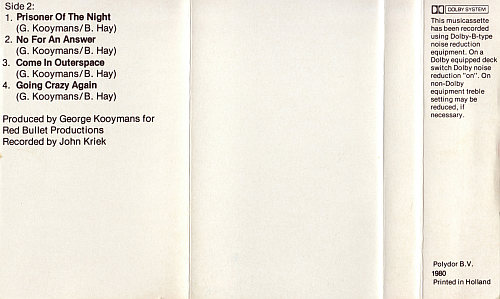 Golden Earring Prisoner Of The Night Cassette inlay inner 1980 Netherlands